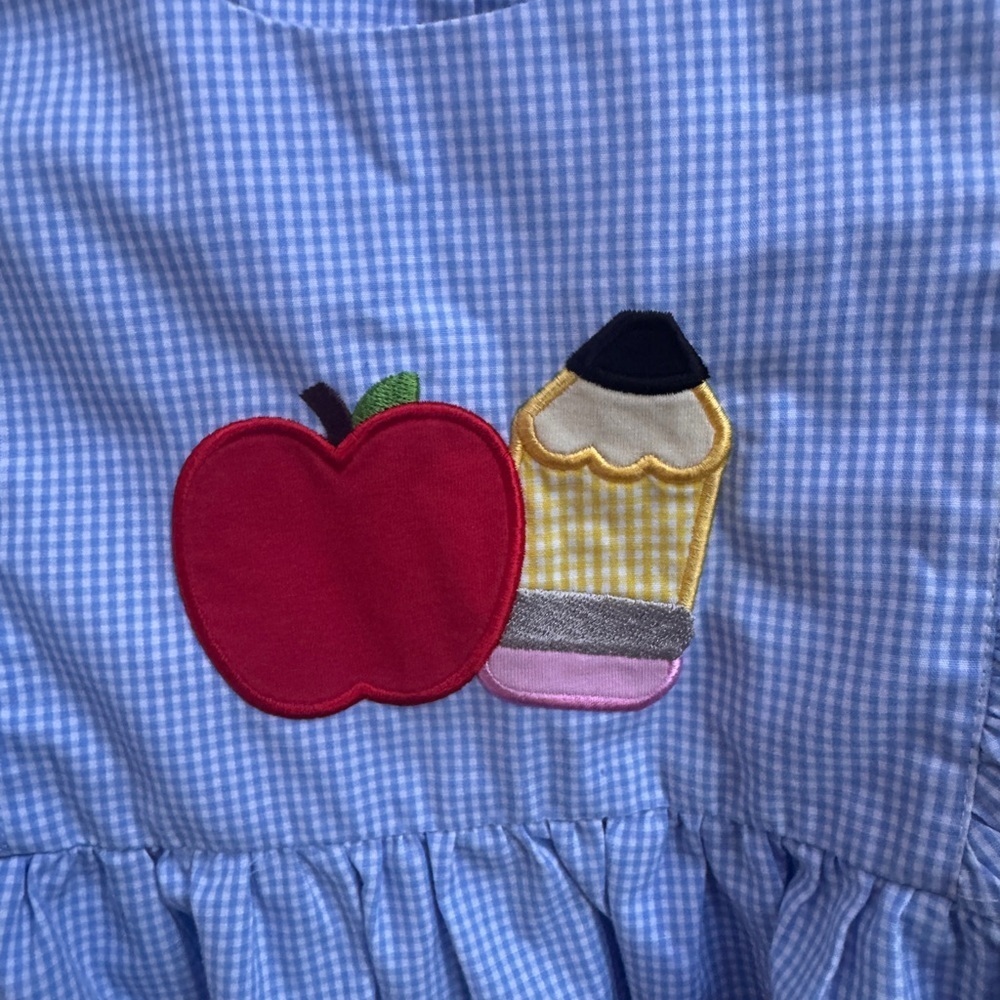 NWOT Stitchy Fish 4T Girls Blue Gingham Back to School Apple Short Sleeve Dress - Picture 2 of 9